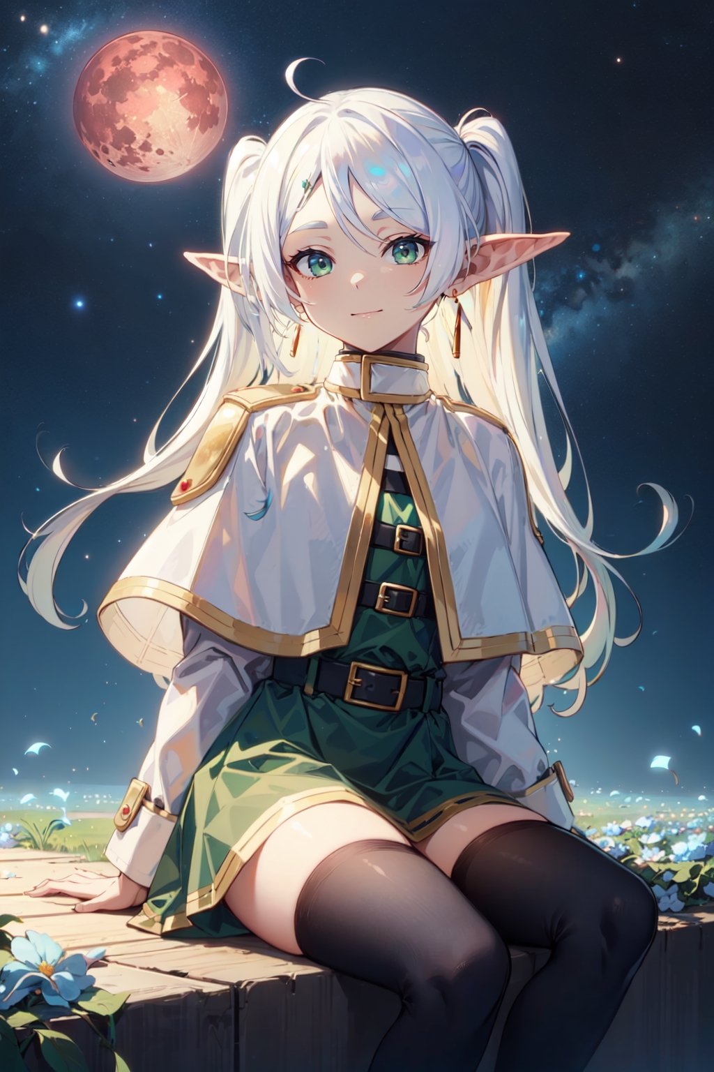 (masterpiece),best quality,highres,stunning art,beautifully painted,colorful,(rim light:1.2),4K wallpapper,fantasy,(panorama),through space,solo,1girl,slim,sitting_invisible_chair,gentle smile,(black thighhighs),long black hair,blunt bangs, green eyes,(khaki fedora), khaki coat,long light-green dress, light-greenshoes,space background,starry_sky,galaxy,red moon,DonMF41ryW1ng5,frieren,

pointy ears,twintails,green eyes,outdoors,long hair,jewelry,earrings,long sleeves,looking at viewer,belt,parted bangs,elf,bangs,capelet,closed mouth,striped,dress,(white hair:1.4),white dress,standing, ((white capelet)), shirt,(blue flowers blue background:1.2),ingling, green eyes,