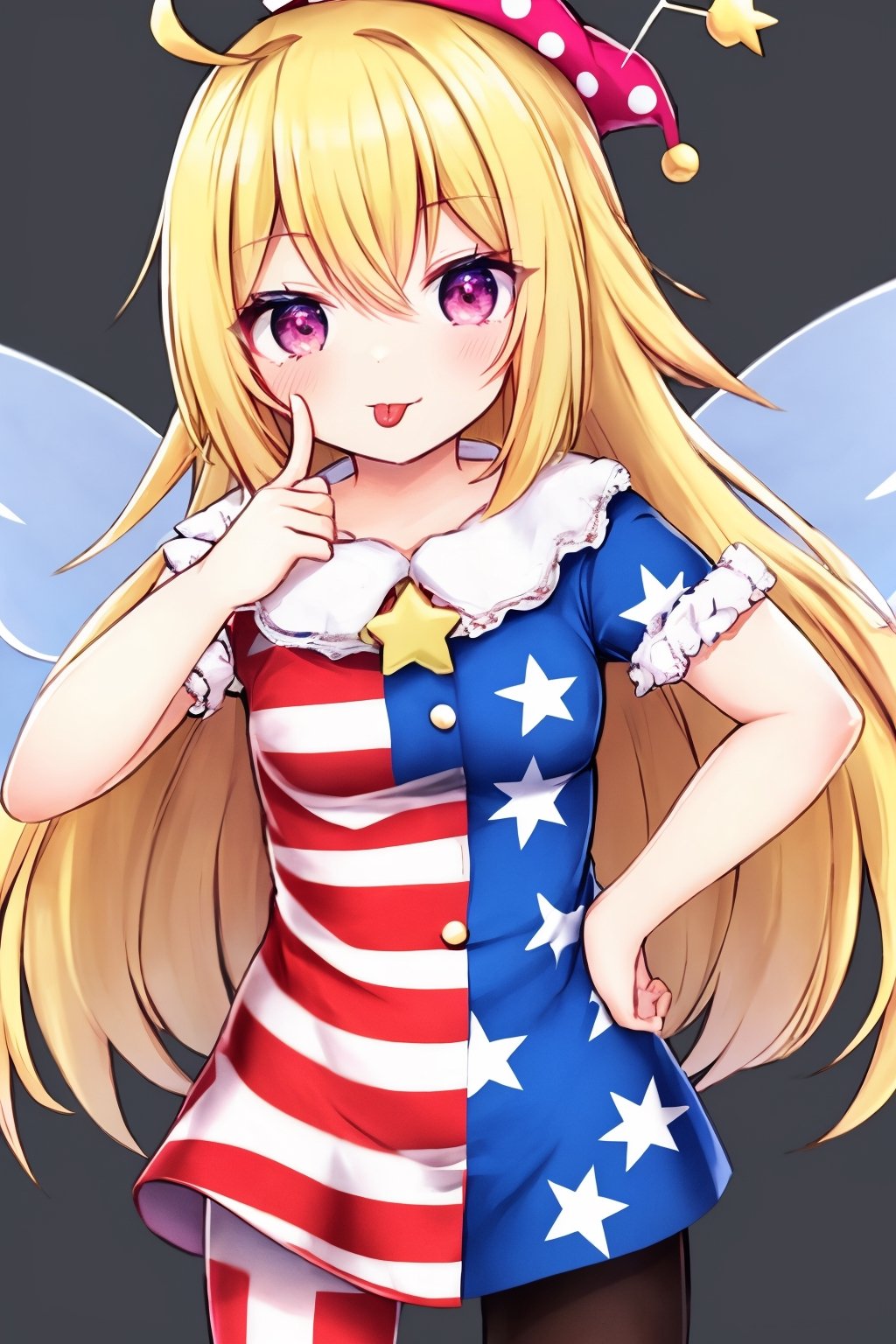 (masterpiece),,(best quality), 

(closed mouth:1.1), upper body, ahoge,  (hand up:1,1), tongue out, eyes visible through hair,  :p, akanbe, finger under the eye


1girl, solo, long hair, looking at viewer, blonde hair, simple background, red eyes, hat, dress, hair between eyes, standing, short sleeves, pantyhose, cowboy shot, wings, tongue, striped, hand up, tongue out, pink eyes, star (symbol), hand on hip, polka dot, black background, :p, cropped legs, fairy wings, star print, striped dress, jester cap, american flag legwear, american flag dress, neck ruff, akanbe