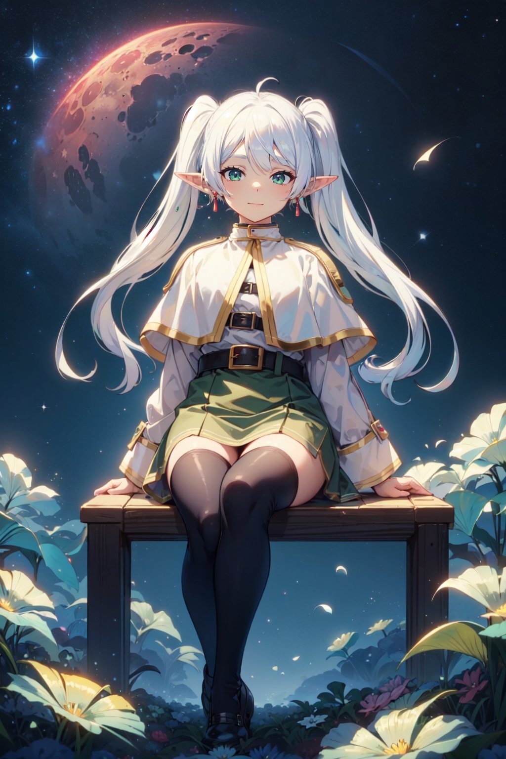 (masterpiece),best quality,highres,stunning art,beautifully painted,colorful,(rim light:1.2),4K wallpapper,fantasy,(panorama),through space,solo,1girl,slim,sitting_invisible_chair,gentle smile,(black thighhighs),long black hair,blunt bangs, green eyes,(khaki fedora), khaki coat,long light-green dress, light-greenshoes,space background,starry_sky,galaxy,red moon,DonMF41ryW1ng5,frieren,

pointy ears,twintails,green eyes,outdoors,long hair,jewelry,earrings,long sleeves,looking at viewer,belt,parted bangs,elf,bangs,capelet,closed mouth,striped,dress,(white hair:1.4),white dress,standing, ((white capelet)), shirt,(blue flowers blue background:1.2),ingling, green eyes,