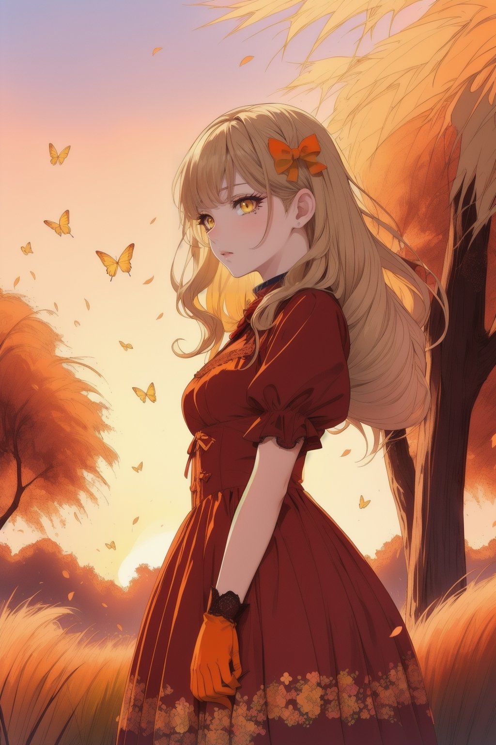 girl in lolita, (red dress:1.1), (wearing lace gloves), curly blonde hair adorned with bows, standing in a blooming cherry blossom garden, surrounded by fluttering butterflies, soft sunlight filtering through the trees orange, creating a dreamy and ethereal atmosphere analogous colors yellow, 
(analogous colors red, orange, yellow:1.3), (orange grass, sunset sky, pink flowers:1.2), 