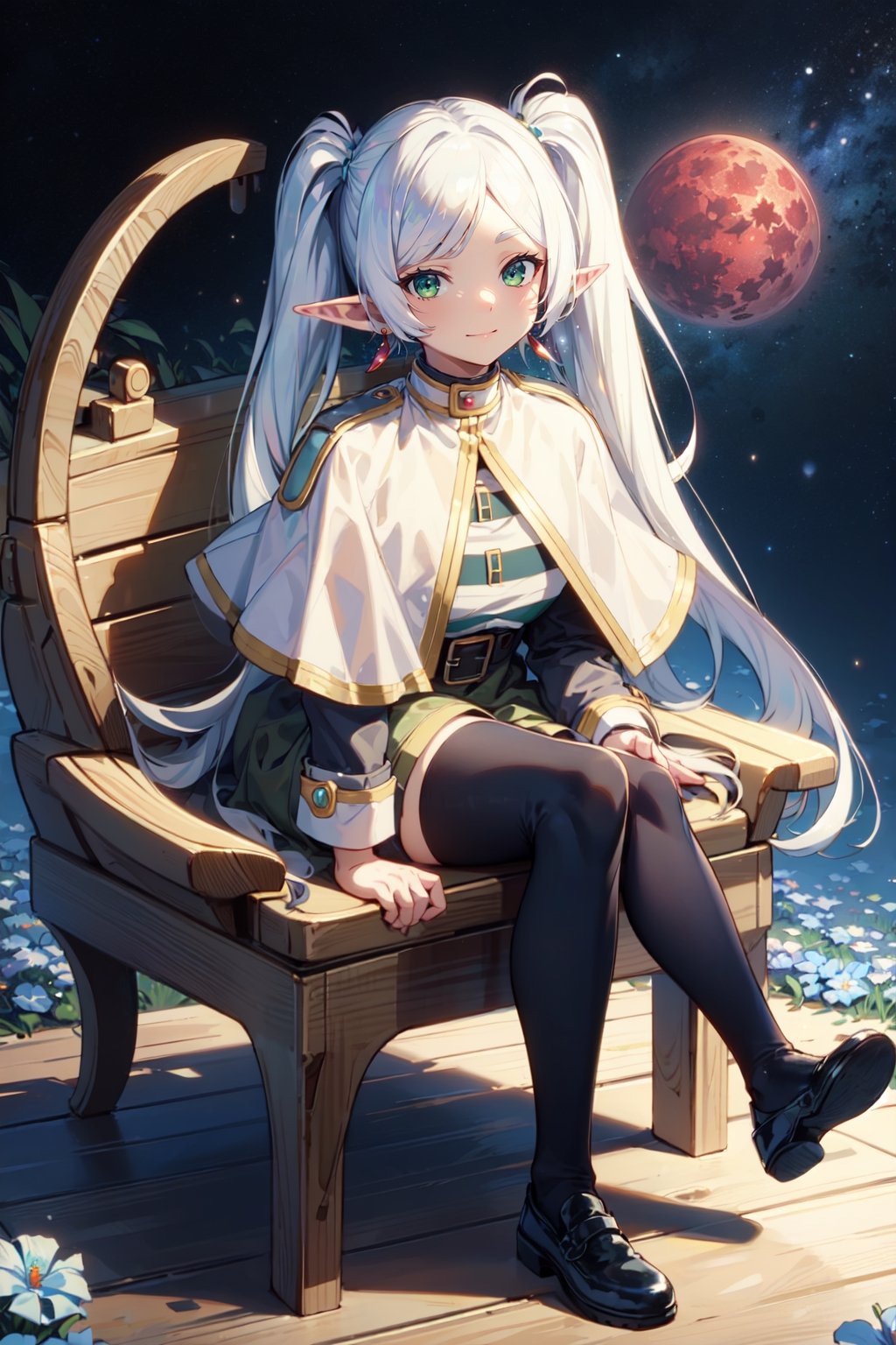 (masterpiece),best quality,highres,stunning art,beautifully painted,colorful,(rim light:1.2),4K wallpapper,fantasy,(panorama),(huge circular flowing background),through space,solo,1girl,slim,sitting_invisible_chair,gentle smile,(black thighhighs),long black hair,blunt bangs, green eyes,(khaki fedora), khaki coat,long light-green dress, light-greenshoes,space background,starry_sky,galaxy,red moon,DonMF41ryW1ng5,frieren,

pointy ears,twintails,green eyes,outdoors,long hair,jewelry,earrings,long sleeves,looking at viewer,belt,parted bangs,elf,bangs,capelet,closed mouth,striped,dress,(white hair:1.4),white dress,standing, ((white capelet)), shirt,(blue flowers blue background:1.2),ingling, green eyes,