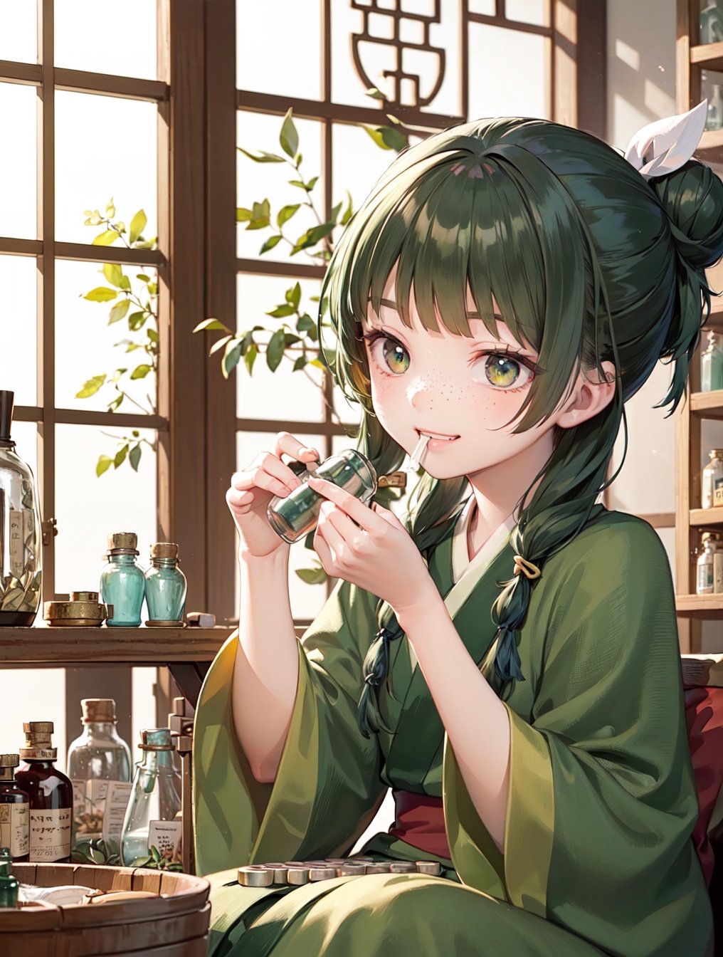 deformed Anime Style,full body,beautiful,smirk,
masterpiece, best quality, highres, 1girl hair ribbon hair ornament, hanfu green shirt wide sleeves red skirt long skirt , smirk, indoors, east asian architecture,1girl ((hair ribbon hair ornament,bun)),((Portrait)),1girl,maomao,((Dark green hair:1.4)), (20 years old:1.3)
shangfu,freckles

,

masterpiece, best quality,indoors,Wood windows,Chinese architecture,1girl,bandage,sitting, eating, grin,star eyes, (herbs:1.2), (antique white medicine bottles, medicinal jars, apothecary tools:1.4)