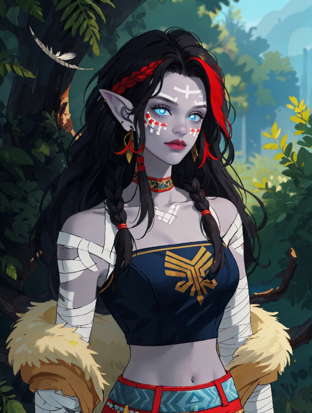 1girl, portrait of beautiful shewowtroll, facepaint, lip piercing, glowing blue eyes, dark grey skin, tattoo, jewelry, aztec heavy armor with runes and glyphs, crop top, bandages, feathers, fur trim, multicolored hair, dreadlocks, desert, sunlight, volumetric lighting, best quality, masterpiece, realistic ,shewowtroll

(best quality, masterpiece, highres),from behine,1girl stand,solo,tanktop no bra,off shoulders and jacket,shirt,mini_skirt,
