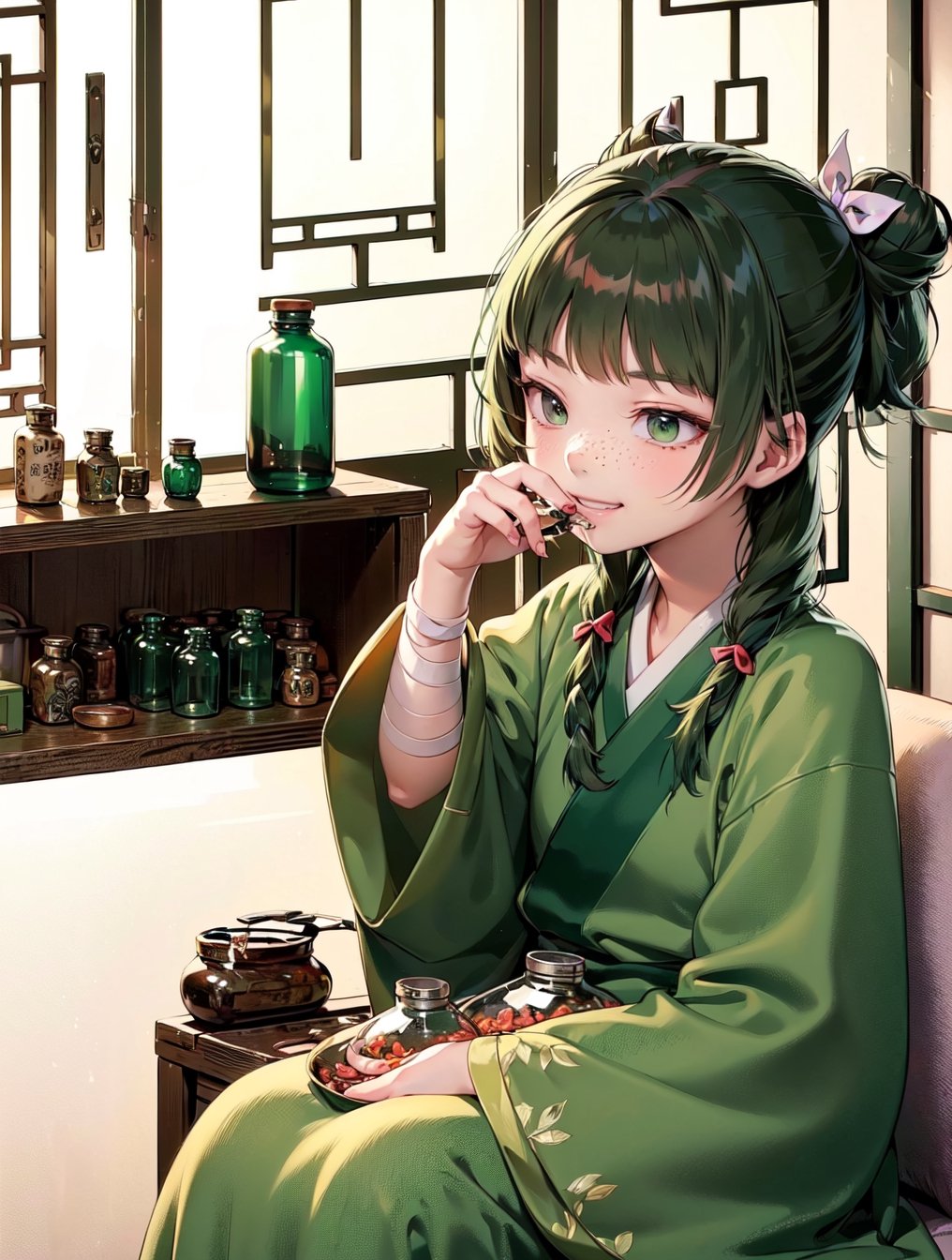 deformed Anime Style,full body,beautiful,smirk,
masterpiece, best quality, highres, 1girl hair ribbon hair ornament, hanfu green shirt wide sleeves red skirt long skirt , smirk, indoors, east asian architecture,1girl ((hair ribbon hair ornament,bun)),((Portrait)),1girl,maomao,((Dark green hair:1.4)), (20 years old:1.3)
shangfu,freckles, (blue ribbon:1.4)

,

masterpiece, best quality,indoors,Wood windows,Chinese architecture,1girl,bandage,sitting, grin,star eyes, (herbs:1.2), (antique white medicine bottles, medicinal jars, apothecary tools:1.4),perfect, 