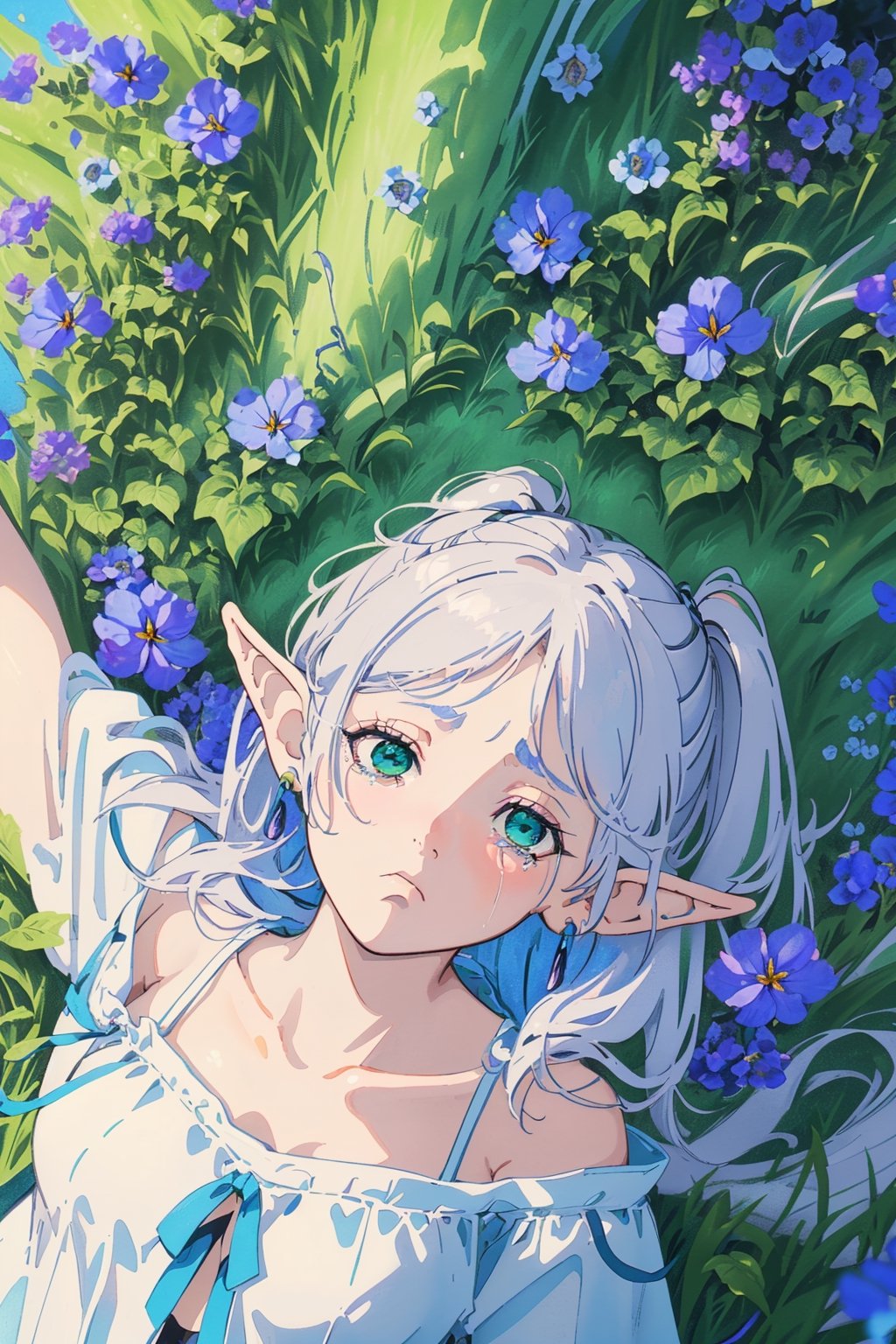 8k, ultra sharp, masterpiece, best quality, aesthetic, Glamour, High quality, Masterpiece, Best quality, HD, Extremely detailed, voluminetric lighting,
((sad:1.1)), ((cry:1.0))

barefoot. (Japanese forest full of blue flowers, field full of flowers blue:1.4),(point of view from above:1.8), (small, detailed, small blue morning glory flowers:1.2), 

 petals falling and flying around her, Sunny with shade, in the morning.

 High resolution, good detail, bright colors. ,illustration,portrait,rgbcolor,

grey_hair, loose hair, elf, pointy_ears, (white dress1.1), long hair, simple strap dress, small breasts, (red_earrings:1.2), showing shoulders, 
,Frieren , watercolor, ((green eyes,eye detailed))