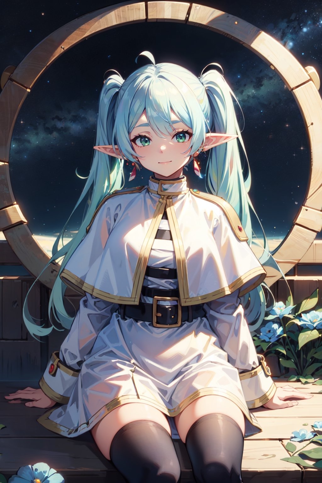 (masterpiece),best quality,highres,stunning art,beautifully painted,colorful,(rim light:1.2),4K wallpapper,fantasy,(panorama),(huge circular flowing background),through space,solo,1girl,slim,sitting_invisible_chair,gentle smile,(black thighhighs),long black hair,blunt bangs, green eyes,(khaki fedora), khaki coat,long light-green dress, light-greenshoes,space background,starry_sky,galaxy,red moon,DonMF41ryW1ng5,frieren,

pointy ears,twintails,green eyes,outdoors,long hair,jewelry,earrings,long sleeves,looking at viewer,belt,parted bangs,elf,bangs,capelet,closed mouth,striped,dress,white hair,white dress,standing, ((white capelet)), shirt,(blue flowers blue background:1.2),ingling, green eyes,