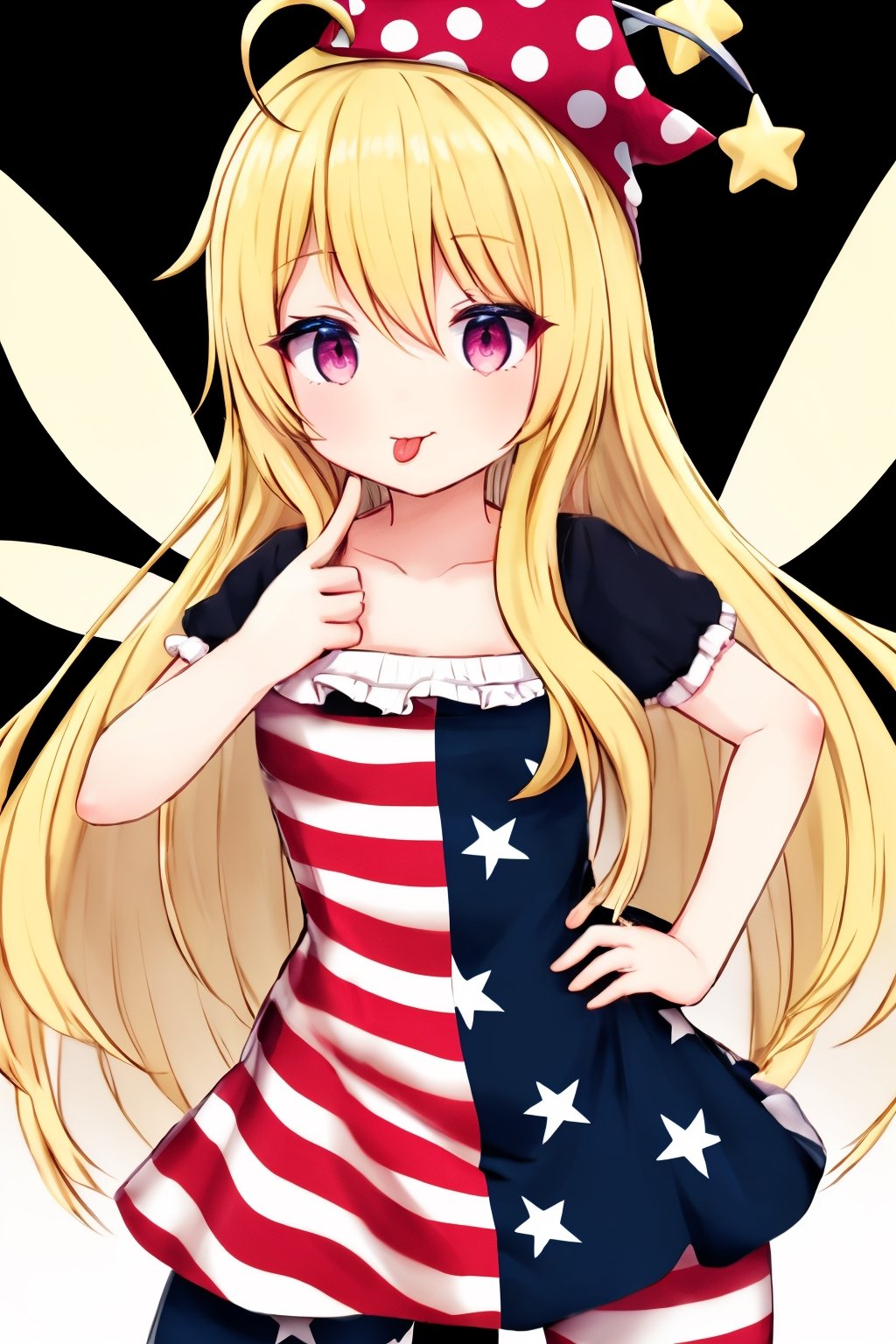 (masterpiece),,(best quality), 

(closed mouth:1.1), upper body, ahoge,  (hand up:1,1), tongue out, eyes visible through hair,  :p, akanbe, finger under the eye


1girl, solo, long hair, looking at viewer, blonde hair, simple background, red eyes, hat, dress, hair between eyes, standing, short sleeves, pantyhose, cowboy shot, wings, tongue, striped, hand up, tongue out, pink eyes, star (symbol), hand on hip, polka dot, black background, :p, cropped legs, fairy wings, star print, striped dress, jester cap, american flag legwear, american flag dress, neck ruff, akanbe