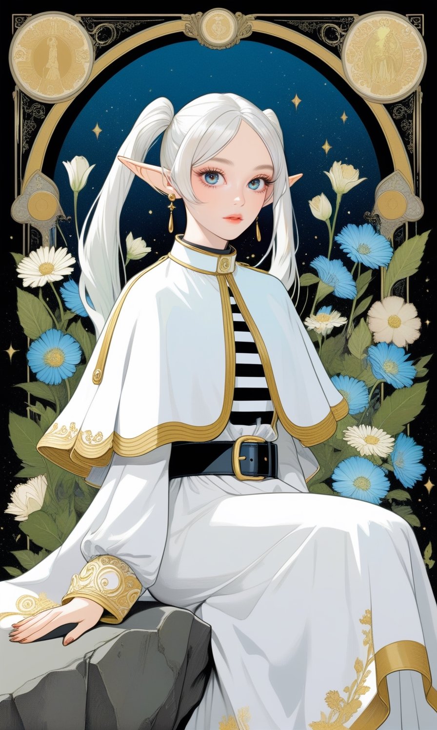 (1woman), sit on a rock and a field full of flowers, front, parted lips, eyeliner, gothic, goth girl,  full body, fractal art, (tarot card design), botanical illustration, blue flowers illustration, classic, elegant flourishes, lofi art style, retro, best quality, masterpiece, extremely detailed, intricate details, dark theme ,chinese ink drawing, Alphonse Mucha art,Frieren,


pointy ears,twintails,green eyes,outdoors,long hair,jewelry,earrings,long sleeves,looking at viewer,belt,parted bangs,elf,bangs,capelet,closed mouth,striped,dress,white hair,white dress,standing, ((white capelet)), shirt,(blue flowers blue background:1.2),ingling, green eyes,Frieren