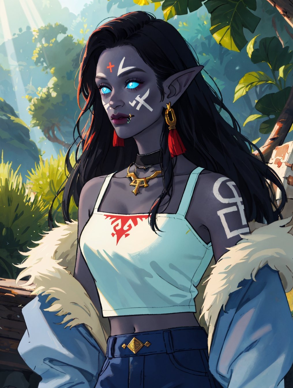 1girl, portrait of beautiful shewowtroll, facepaint, lip piercing, glowing blue eyes, (dark grey skin:1.2), tattoo, jewelry, heavy armor with runes and glyphs, crop top, fur trim, multicolored hair, dreadlocks, desert, sunlight, volumetric lighting, best quality, masterpiece, realistic ,shewowtroll, 

(best quality, masterpiece, highres),from behine,1girl stand,solo,tanktop no bra,off shoulders and jacket leather,shirt,mini_skirt, 
