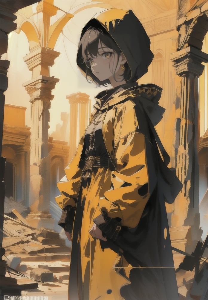 (high quality), nodf_lora, 1girl, solo, portrait, closeup, long hair, dress, rock temple, standing, stairs, ruins, pillar, (depth of field),  (Ancient Ruins:1.4),


1girl, solo, short hair, closed mouth, yellow eyes, hoodie,  hood down, ear piercing, yellow background, black hoodie, cinematic, 