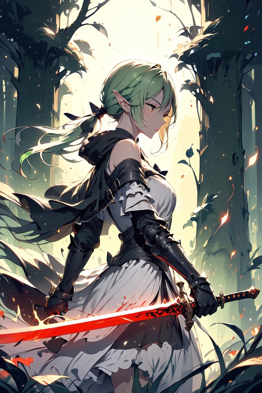//quality, (masterpiece:1.331), (detailed), ((,best quality,)),//, extremely detailed CG,//,(1girl:1.3),solo,(elf:1.3),//,(lightgreen hair:1.331), long hair,(low ponytail),bangs,hair_bows, (green eye:1.3),breasts,//,(white ethereal armor),white dress,(off-shoulder:1.1),(cloak:1.1),belts,, gloves,//,blush, expressionless, closed_mouth,//,( holding glowing sword: 1.3),red glowing sword, (red flaming sword:1.3),battle_stance,,/, forest, nature,sunset,//,emo,scenery,glowing sword,dark anime,dark fantasy, darkgreenred tone,((from side,viewed_from_side))
