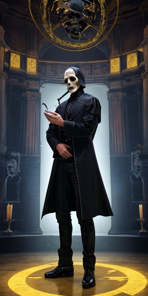 grad view, digital art of Shakespeare performing the play "To be or not to be" in a grim reaper outfit, looking at a skull he holds in his hands, a phantasmagoric piece of theatrical action, he is in the middle of a stage, with lights focusing on his body and a few smoke in the background surrounding, global illumination in yellow