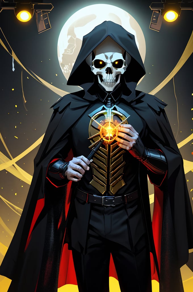 grad view, digital art of Shakespeare performing the play "To be or not to be" in a grim reaper outfit, looking at a skull he holds in his hands, a phantasmagoric piece of theatrical action, he is in the middle of a stage, with lights focusing on his body and a few smoke in the background surrounding, global illumination in yellow