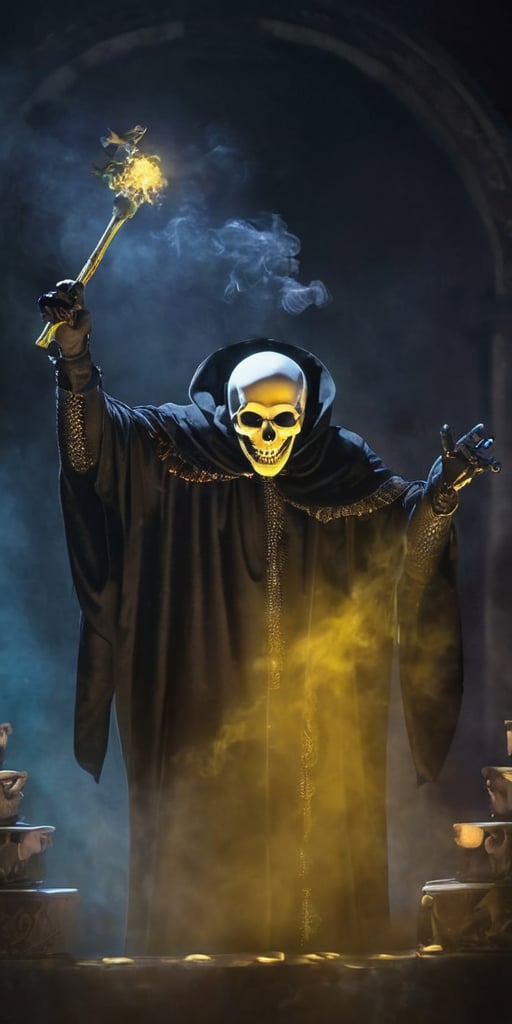 grad view, digital art of Shakespeare performing the play "To be or not to be" in a grim reaper outfit, looking at a skull he holds in his hands, a phantasmagoric piece of theatrical action, he is in the middle of a stage, with lights focusing on his body and a few smoke in the background surrounding, global illumination in yellow