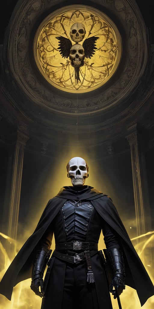 grad view, digital art of Shakespeare performing the play "To be or not to be" in a grim reaper outfit, looking at a skull he holds in his hands, a phantasmagoric piece of theatrical action, he is in the middle of a stage, with lights focusing on his body and a few smoke in the background surrounding, global illumination in yellow