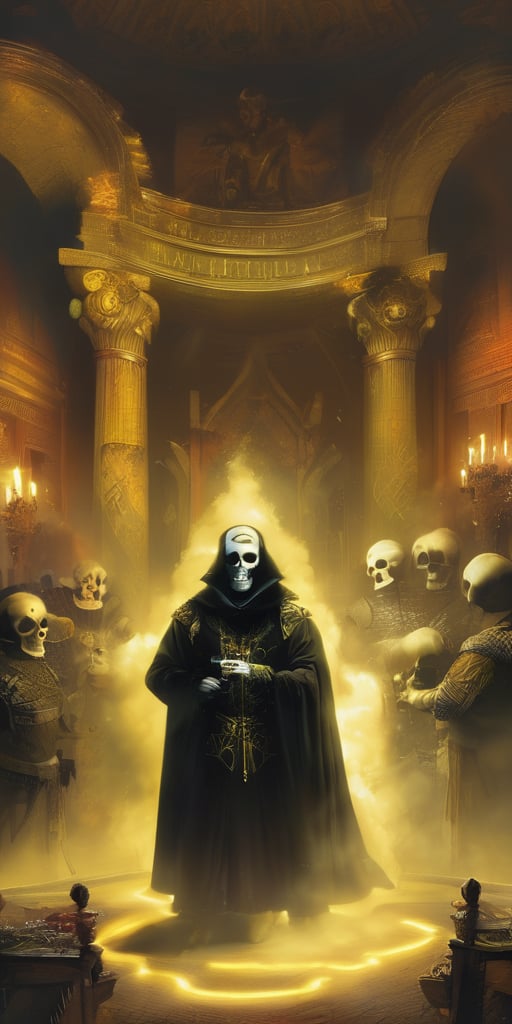 grad view, digital art of Shakespeare performing the play "To be or not to be" in a grim reaper outfit, looking at a skull he holds in his hands, a phantasmagoric piece of theatrical action, he is in the middle of a stage, with lights focusing on his body and a few smoke in the background surrounding, global illumination in yellow