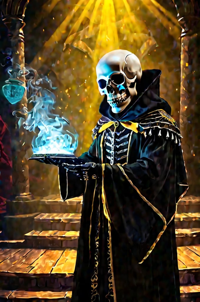 grad view, digital art of Shakespeare performing the play "To be or not to be" in a grim reaper outfit, looking at a skull he holds in his hands, a phantasmagoric piece of theatrical action, he is in the middle of a stage, with lights focusing on his body and a few smoke in the background surrounding, global illumination in yellow