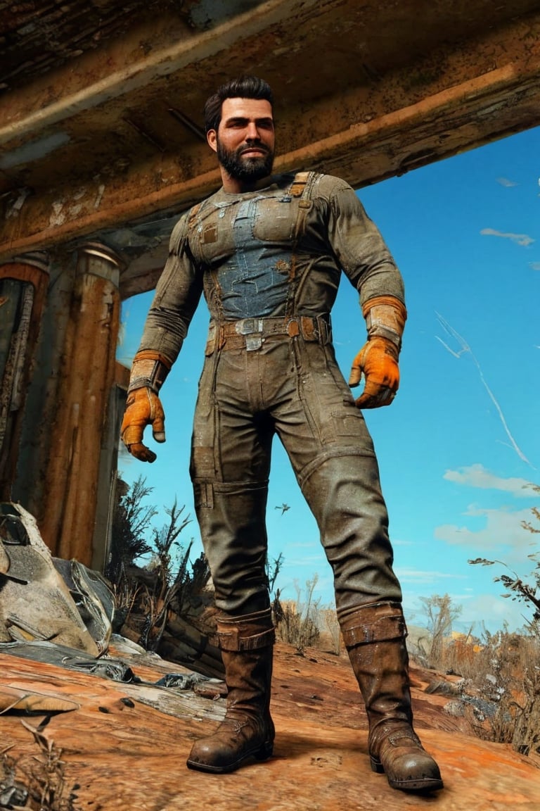 solo male, realistic, Paladin Danse, Fallout 4, short hair, warm black hair, light brown eyes, beard, orange-gray Brotherhood of Steel uniform, orange bodysuit, gloves, boots, mature, handsome, charming, alluring, upper body, perfect anatomy, perfect proportions, best quality, masterpiece, high_resolution, dutch angle, photo background, ruined overhead interstate, Fallout 4 location, post-apocalyptic ruins, desolated landscape, dark blue sky,Masterpiece