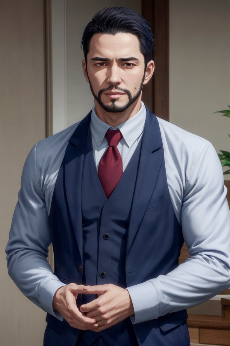 solo male, Maeda, Asobi Asobase, butler, black hair, short hair, black eyes, facial hair, dark blue 3 Piece Suit, formal, white collared shirt, red necktie, dark blue vest, dark blue jacket, dark blue pants, mature, handsome, charming, alluring, calm, polite, upper body,  perfect anatomy, perfect proportions, best quality, masterpiece, high_resolution, (front view)