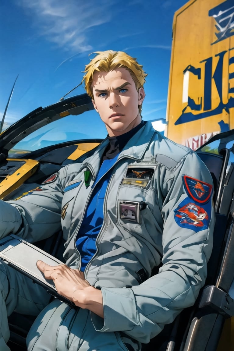 solo male, Lewis Smith \(Brave Bang Bravern\), ((blond hair)), short hair, blue eyes, (((grey pilot jumpsuit, gray pilot  jumpsuit, grey sleeves))), black boots, mature, handsome, charming, alluring, muscular, beefy, sitting,  mecha cockpit, standing, upper body, perfect anatomy, perfect proportions, best quality, masterpiece, high_resolution, dutch angle, photo background, science fiction, mecha, monitor, cinematic, war