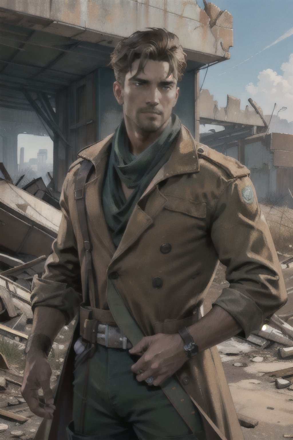 Robert MacCready, blue eyes, light brown hair, facial hair, tan duster coat, ammo pouches, long-sleeved, white undershirt, military green scarf, military green pants, fit body, handsome, charming, alluring, dashing, intense gaze, (standing), (upper body in frame), ruined overhead interstate, Fallout 4 location, post-apocalyptic ruins, desolated landscape, dark blue sky, polarising filter, perfect light, only1 image, perfect anatomy, perfect proportions, perfect perspective, 8k, HQ, (best quality:1.5, hyperrealistic:1.5, photorealistic:1.4, madly detailed CG unity 8k wallpaper:1.5, masterpiece:1.3, madly detailed photo:1.2), (hyper-realistic lifelike texture:1.4, realistic eyes:1.2), picture-perfect face, perfect eye pupil, detailed eyes, realistic, HD, UHD, (front view:1.2), portrait, looking outside frame,