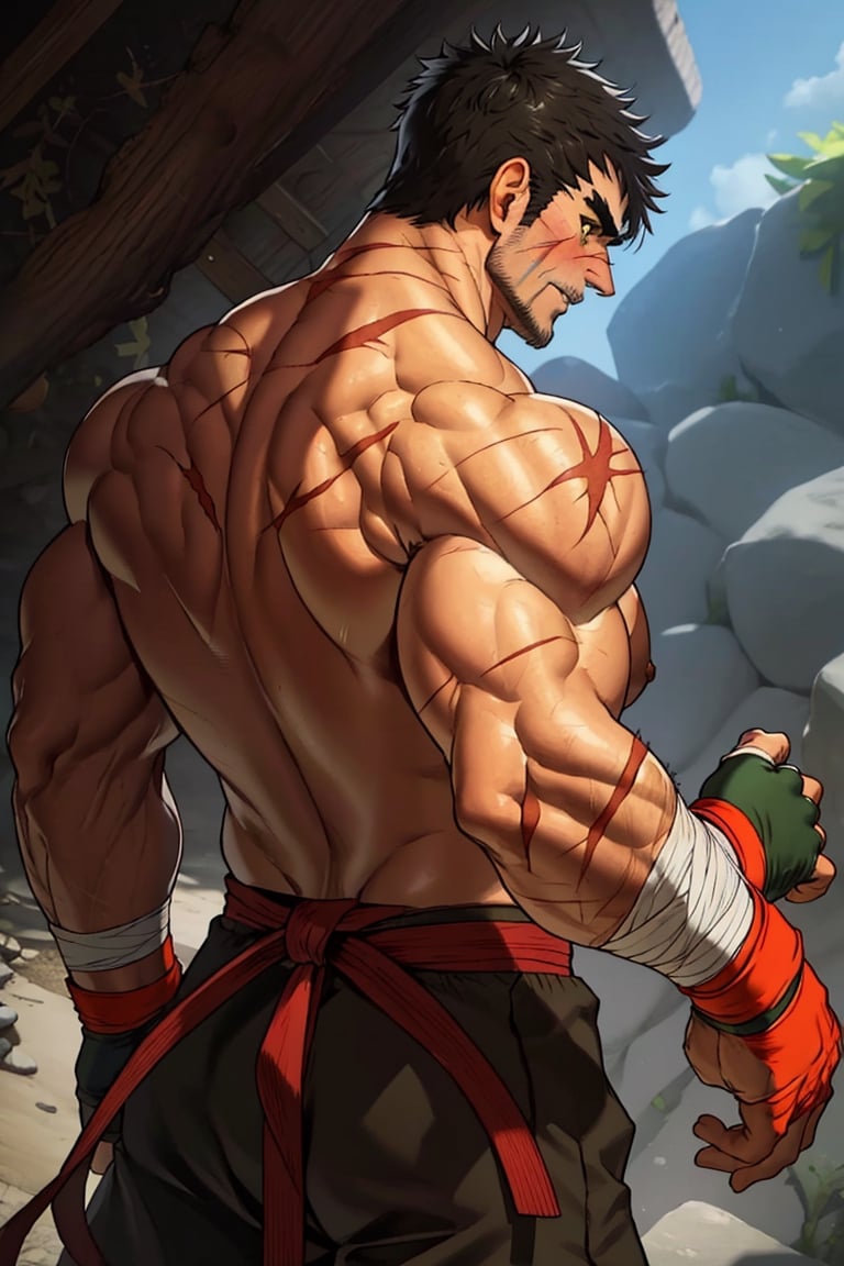 solo male, Grappler, Dungeon Fighter, black hair, short hair, brown eyes, thick eyebrows, forked eyebrows, stubble, green eyes, scars on face, scar on cheek, scar on chest, pectorals, pectoral cleavage, topless, shirtless, (from behind), nape, back, black martial arts pants, yellow fingerless gloves, barefoot, bandaged hand, toned male, mature, masculine, hunk, handsome, charming, alluring, blush, shy, serious, clothes down, upper body, perfect anatomy, perfect proportions, perfect eyes, perfect, parfect fingers, best quality, masterpiece, high_resolution, dutch angle, photo background,