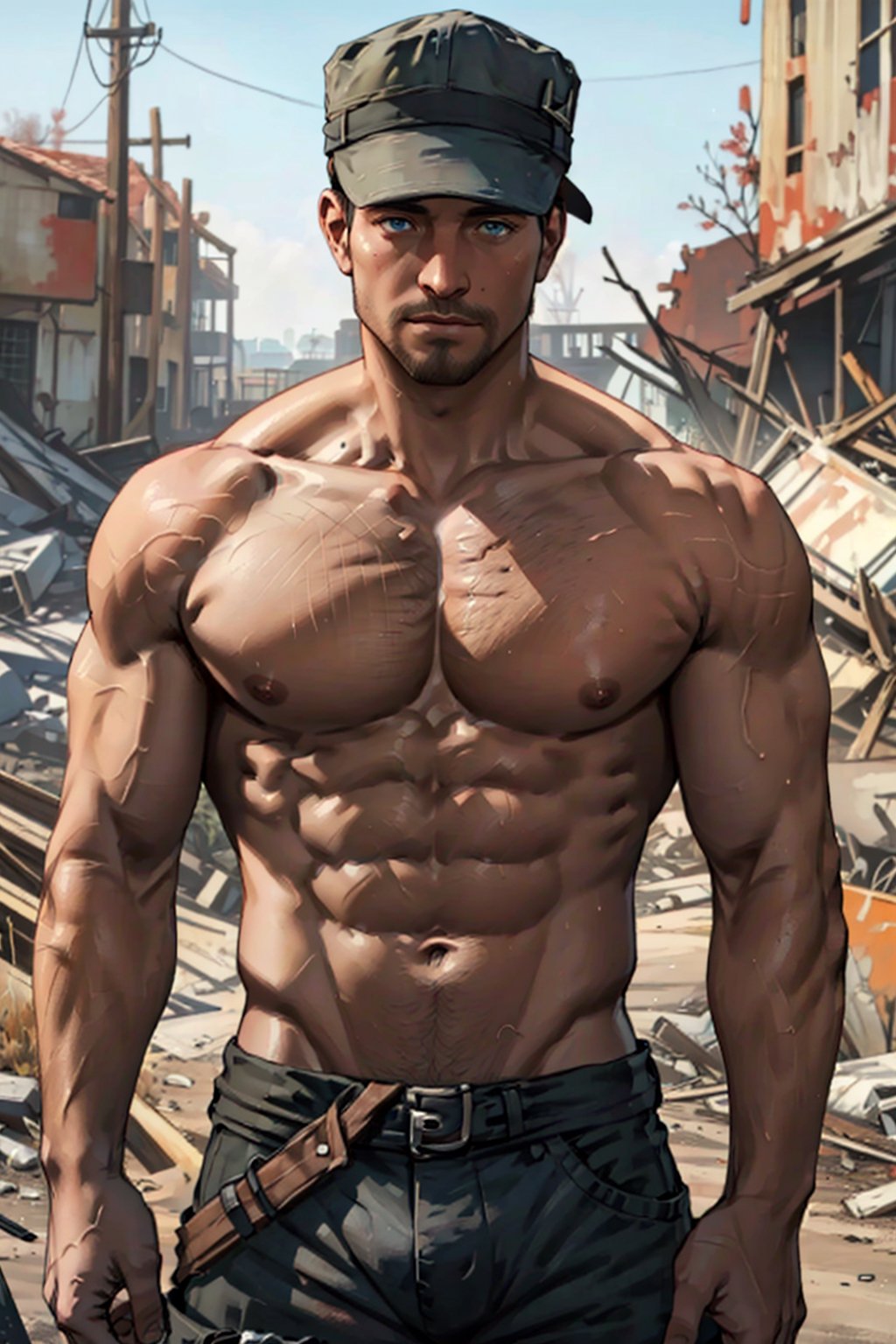 Robert MacCready, blue eyes, light brown hair, facial hair, (complete topless, shirtless:1.5), hat, pants, fit body, handsome, charming, alluring, shy, erotic, dashing, intense gaze, (standing), (upper body in frame), ruined overhead interstate, Fallout 4 location, post-apocalyptic ruins, desolated landscape, dark blue sky, polarising filter, perfect light, only1 image, perfect anatomy, perfect proportions, perfect perspective, 8k, HQ, (best quality:1.2, hyperrealistic:1.2, photorealistic:1.2, madly detailed CG unity 8k wallpaper:1.2, masterpiece:1.2, madly detailed photo:1.2), (hyper-realistic lifelike texture:1.2, realistic eyes:1.2), picture-perfect face, perfect eye pupil, detailed eyes, realistic, HD, UHD, s0ftabs, (bare arms, bare shoulders, bare chest, bare neck:1.5)