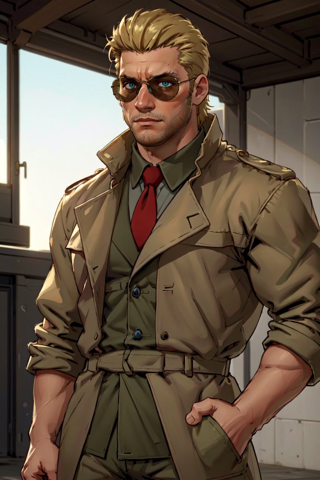 Kazuhira Miller, blue eyes, blond hair, stubble, wore aviator sunglasses, white collared shirt, green suit with a red tie,  khaki trench coat, fit body, handsome, charming, alluring, intense gaze, (standing), (upper body in frame), perfect light, only1 image, perfect anatomy, perfect proportions, perfect perspective, 8k, HQ, (best quality:1.2, hyperrealistic:1.2, photorealistic:1.2, madly detailed CG unity 8k wallpaper:1.2, masterpiece:1.2, madly detailed photo:1.2), (hyper-realistic lifelike texture:1.2, realistic eyes:1.2), picture-perfect face, perfect eye pupil, detailed eyes, realistic, HD, UHD, front view, portrait,(1man)
