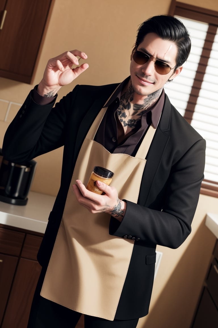 solo male, Tatsu, Japanese, househusband, yakuza, tattoos on body, black hair, slicked back hair, stubble, dark brown eyes, scar on face, casual-formal wear, dark collared shirt, black jacket, long sleeves , black pants, cream-colored apron with Shiba Inu print, (aviator sunglasses), black shoes, toned male, mature, handsome, charming, alluring, standing, grin, (holding bento), upper body, perfect anatomy, perfect proportions, best quality, masterpiece, high_resolution, dutch angle, cowboy shot, photo background, modern bright kitchen, pov, sunlight, bright background, , (perfect hands, perfect fingers), hands up