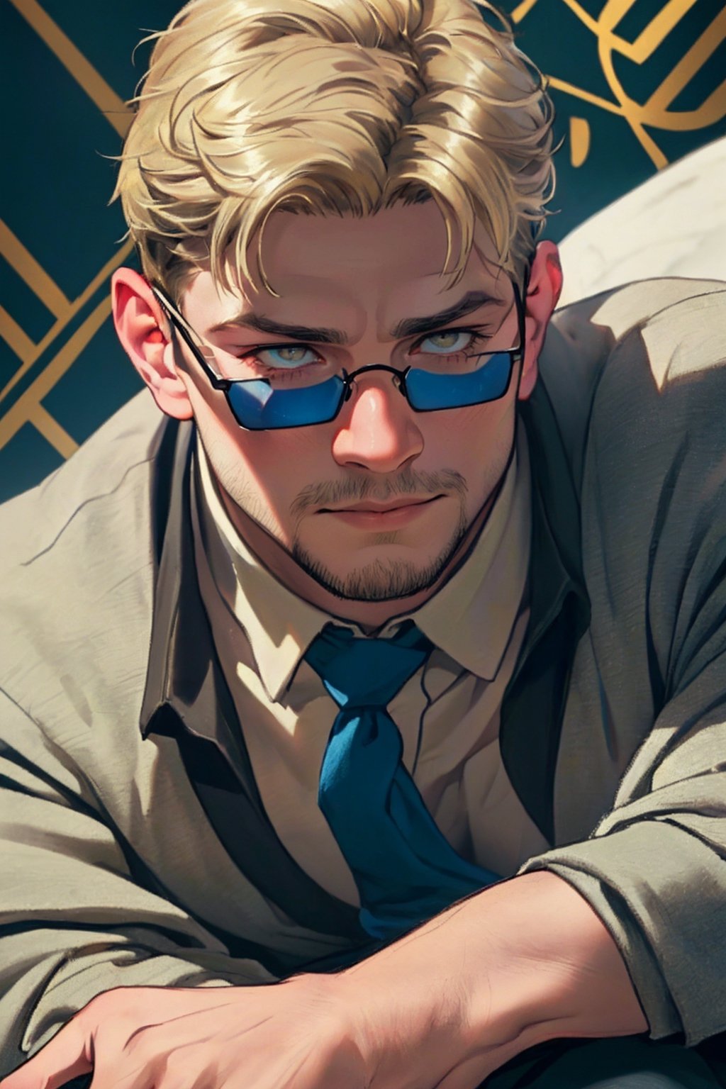 (1 image only), solo male, reiner braun, hazel eyes, blond hair, short hair, bare forehead, (facial hair, stubble), (black glasses1.2), (pure light-blue collared shirt1.2, deep-blue necktie:1.2, black pants), (tucked-in shirts), mature, manly, hunk, masculine, virile, confidence, charming, alluring, slight smile, standing, upper body in frame, (1920s artdeco style luxury black and gold pattern background:1.2), perfect anatomy, perfect proportions, 8k, HQ, (best quality:1.5, hyperrealistic:1.5, photorealistic:1.4, madly detailed CG unity 8k wallpaper:1.5, masterpiece:1.3, madly detailed photo:1.2), (hyper-realistic lifelike texture:1.4, realistic eyes:1.2), picture-perfect face, perfect eye pupil, detailed eyes,perfecteyes