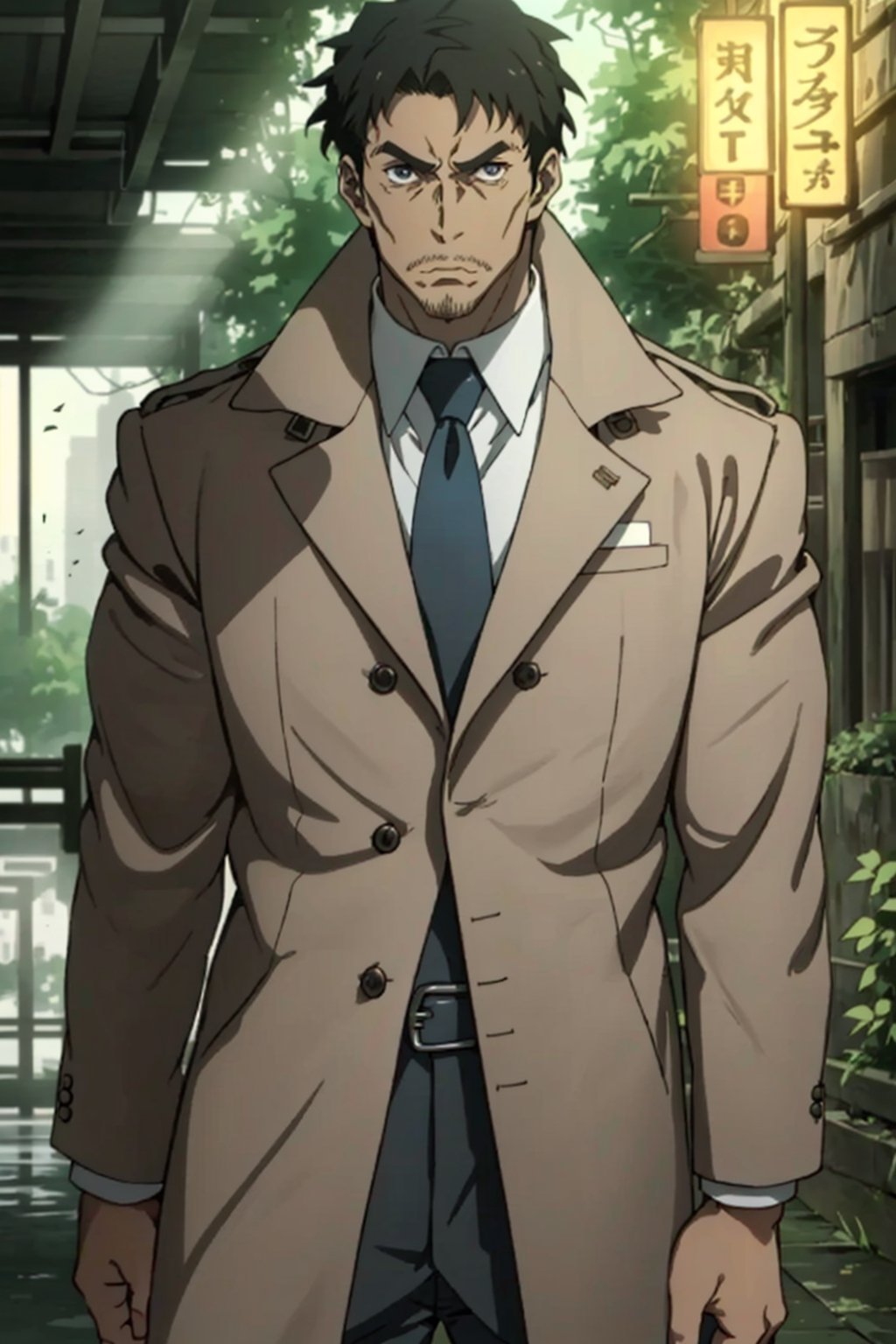 1boy, solo, Blitz T. Abrams, Kekkai Sensen, anime, tall, muscular man, hort black hair, blue eyes, facial hair, 51 years old, mature, handsome, manly, white collared shirt, black necktie, brown overcoat, perfect anatomy, perfect proportions, , 8k, HQ, HD, UHD, (best quality:1.5, hyperrealistic:1.5, photorealistic:1.4, madly detailed CG unity 8k wallpaper:1.5, masterpiece:1.3, madly detailed photo:1.2), (hyper-realistic lifelike texture:1.4, realistic eyes:1.2), picture-perfect face, perfect eye pupil, detailed eyes, dynamic, (dutch angle), high_resolution, image with colo