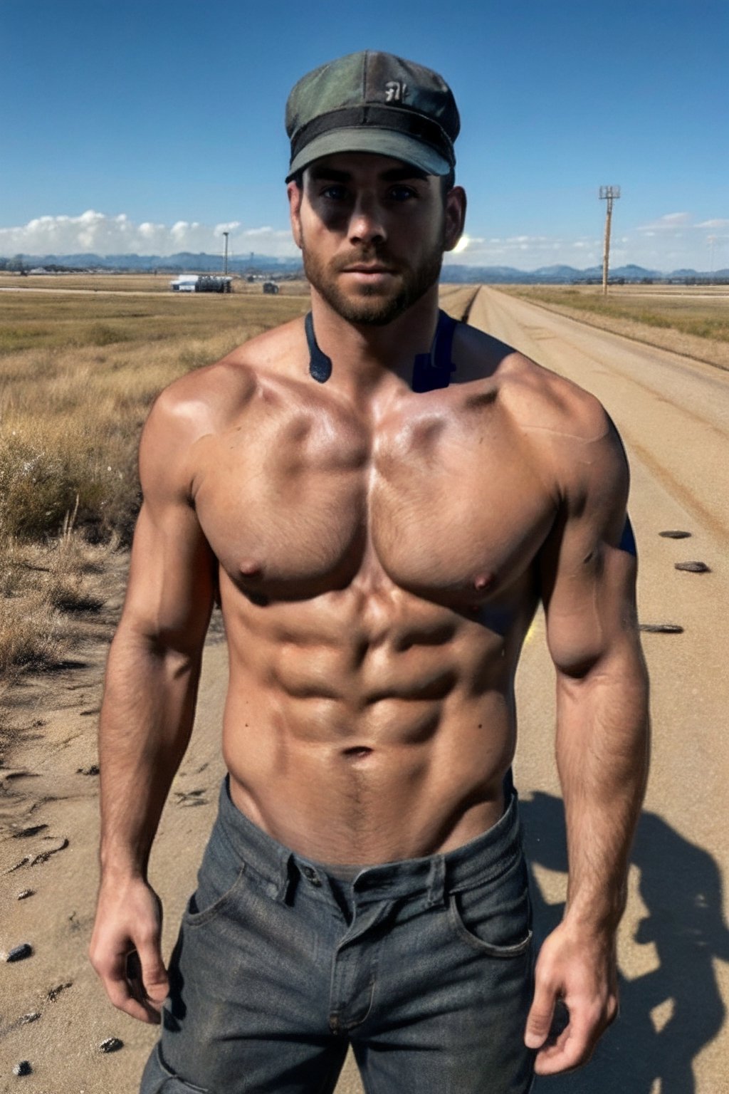 Robert MacCready, blue eyes, light brown hair, facial hair, (complete topless, shirtless:1.5), hat, pants, fit body, handsome, charming, alluring, shy, erotic, dashing, intense gaze, (standing), (upper body in frame), ruined overhead interstate, Fallout 4 location, post-apocalyptic ruins, desolated landscape, dark blue sky, polarising filter, perfect light, only1 image, perfect anatomy, perfect proportions, perfect perspective, 8k, HQ, (best quality:1.2, hyperrealistic:1.2, photorealistic:1.2, madly detailed CG unity 8k wallpaper:1.2, masterpiece:1.2, madly detailed photo:1.2), (hyper-realistic lifelike texture:1.2, realistic eyes:1.2), picture-perfect face, perfect eye pupil, detailed eyes, realistic, HD, UHD, s0ftabs, (bare arms, bare shoulders, bare chest:1.5)