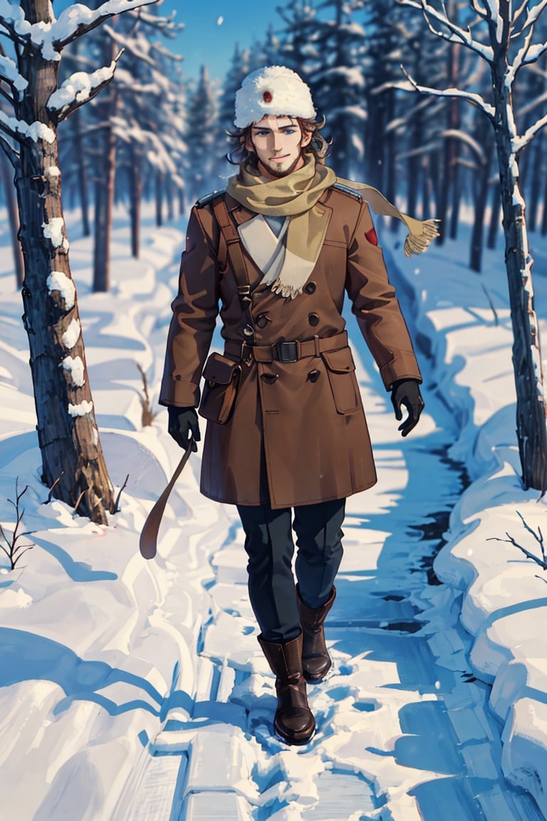 (human), (1 image only), solo male, Vasily Pavlichenko, Golden Kamuy, Russian, sniper, brown hair, blue eyes, sharp eyes, defined eyelashes, furrowed brow, grin, wavy medium-length hair, bold sideburns, short and neat Shenandoah beard, lightly-colored coat, dark gloves, light color scarf, pants, boots, crossbody bag, handsome, charming, alluring, perfect anatomy, perfect proportions, 2d, anime, (best quality, masterpiece), (perfect eyes, perfect eye pupil), high_resolution, dutch angle, snowy forest, better_hands, tall wool cap, papakha, ushanka, dynamic,action
