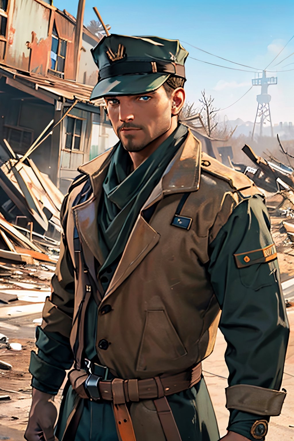 Robert MacCready, blue eyes, light brown hair, facial hair, tan duster coat, (hat:1.2), ammo pouches, long-sleeved, white undershirt, military green scarf, military green pants, fit body, handsome, charming, alluring, dashing, intense gaze, (standing), (upper body in frame), ruined overhead interstate, Fallout 4 location, post-apocalyptic ruins, desolated landscape, dark blue sky, polarising filter, perfect light, only1 image, perfect anatomy, perfect proportions, perfect perspective, 8k, HQ, (best quality:1.2, hyperrealistic:1.2, photorealistic:1.2, madly detailed CG unity 8k wallpaper:1.2, masterpiece:1.2, madly detailed photo:1.2), (hyper-realistic lifelike texture:1.2, realistic eyes:1.2), picture-perfect face, perfect eye pupil, detailed eyes, realistic, HD, UHD, (front view:1.2), portrait, looking outside frame