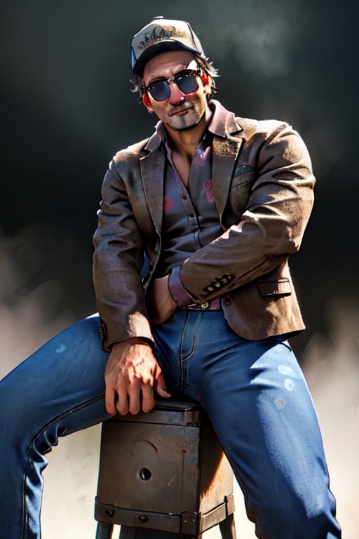 Ace Visconti , sunglasses, cap, damask print shirt, classic jacket, (wore jeans), (clothing:1.2), (best quality, highres,masterpiece), (1boy, mature man:1.1), slight blush, solo, male focus, looking at viewer, upper body, (legs up, legs spread, thighs astride on a man, full nelson pose:1.2),outdoors:1.1, best quality, (perfect anatomy:1.5), mature, dark background, fog, dark atmosphere, cinematic light, best quality, masterpiece,