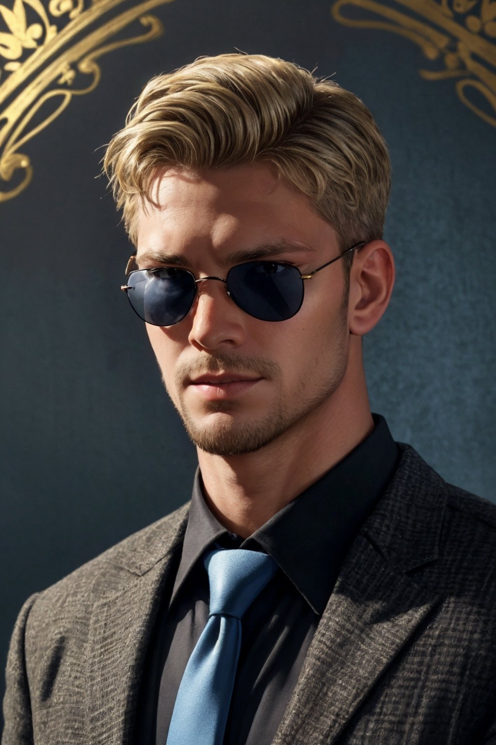 (1 image only), solo male, reiner braun, hazel eyes, blond hair, short hair, bare forehead, (facial hair, stubble), (black glasses1.2), (pure light-blue collared shirt1.2, deep-blue necktie:1.2, black pants), (tucked-in shirts), mature, manly, hunk, masculine, virile, confidence, charming, alluring, slight smile, standing, upper body in frame, (1920s artdeco style luxury black and gold pattern background:1.2), perfect anatomy, perfect proportions, 8k, HQ, (best quality:1.5, hyperrealistic:1.5, photorealistic:1.4, madly detailed CG unity 8k wallpaper:1.5, masterpiece:1.3, madly detailed photo:1.2), (hyper-realistic lifelike texture:1.4, realistic eyes:1.2), picture-perfect face, perfect eye pupil, detailed eyes,perfecteyes