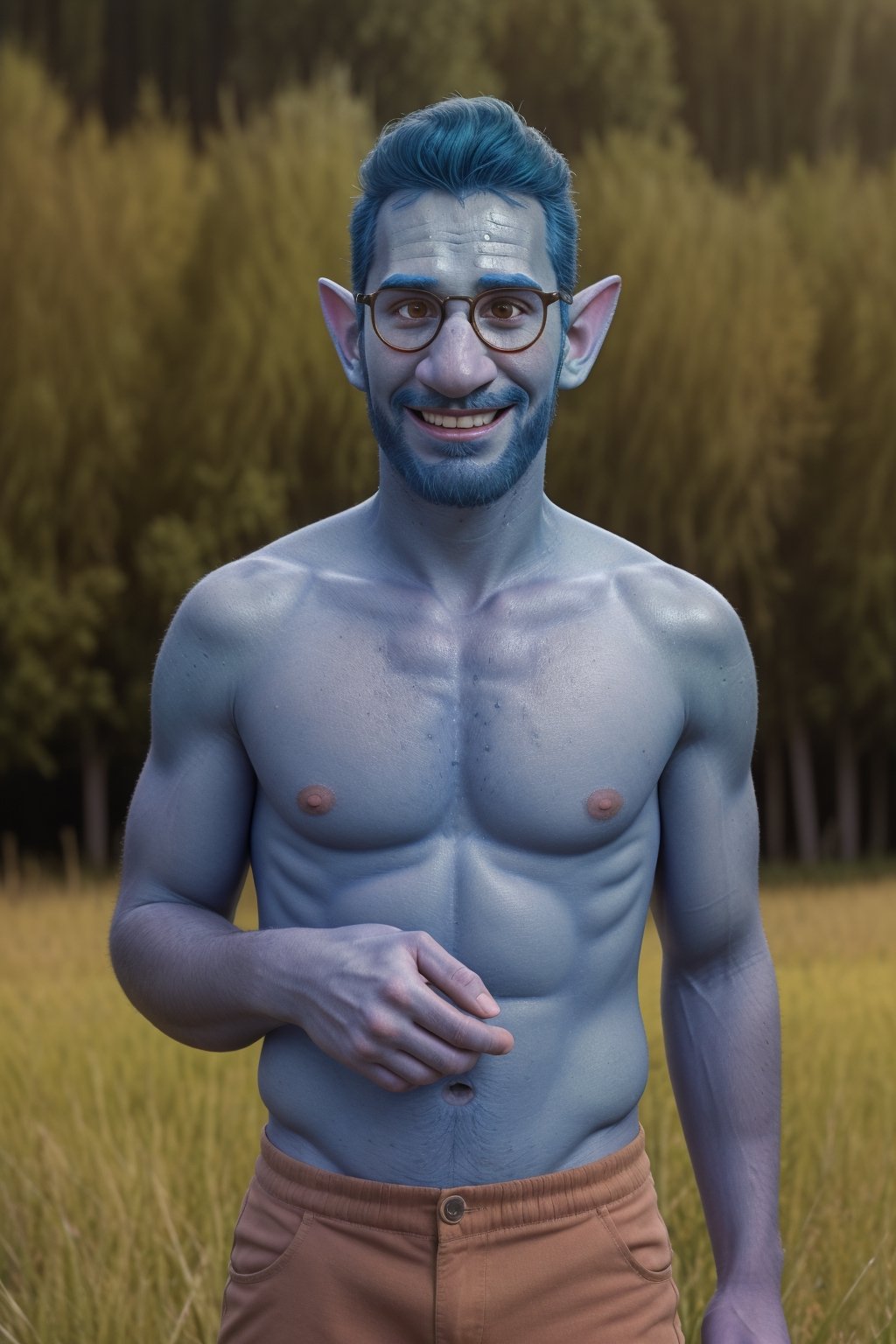 (1 image only), solo male, Wilden Lightfoot, Pixar Animation Onward, (blue skin:1.2), dark blue hair, short hair, brown eyes, thick eyebrows, pointy ears, facial hair, beard, black-framed-glasses, (topless, shirtless:1.2), khaki pants, mature, bara, dilf, handsome, charming, alluring, smile, standing, upper body, perfect anatomy, perfect proportions, (best quality, masterpiece), (perfect eyes, perfect eye pupil), perfect hands, high_resolution, dutch angle, cowboy shot, green field,Anime