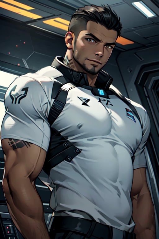 James Vega, solo, extreme short mohawk hair, black hair, brown eyes, tan skin, facial hair, 1boy, tatoo, (fit white undershirt:1.2), muscular, bulky, shiny skin, handsome, charming, alluring, intense gaze, standing, (upper body in frame), Mass Effect location, futuristic, space ship, dark atmosphere, cinematic light, perfect anatomy, perfect proportions, perfect perspective, 8k, HQ, HD, UHD, (best quality:1.2, hyperrealistic:1.2, photorealistic:1.2, madly detailed CG unity 8k wallpaper:1.2, masterpiece:1.2, madly detailed photo:1.2), (hyper-realistic lifelike texture:1.2, realistic eyes:1.2), picture-perfect face, perfect eye pupil, detailed eyes, front view