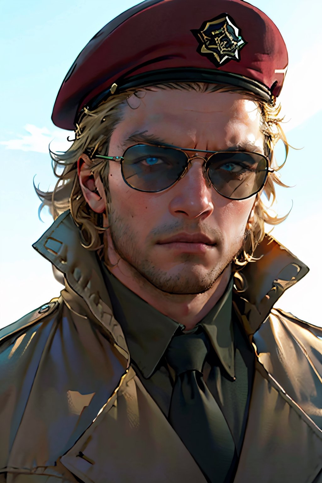 Kazuhira Miller, blue eyes, blond hair, stubble, wore aviator sunglasses, green suit with a red tie,  khaki trench coat, black beret, fit body, handsome, charming, alluring, intense gaze, (standing), (upper body in frame), perfect light, only1 image, perfect anatomy, perfect proportions, perfect perspective, 8k, HQ, (best quality:1.2, hyperrealistic:1.2, photorealistic:1.2, madly detailed CG unity 8k wallpaper:1.2, masterpiece:1.2, madly detailed photo:1.2), (hyper-realistic lifelike texture:1.2, realistic eyes:1.2), picture-perfect face, perfect eye pupil, detailed eyes, realistic, HD, UHD, front view:, portrait