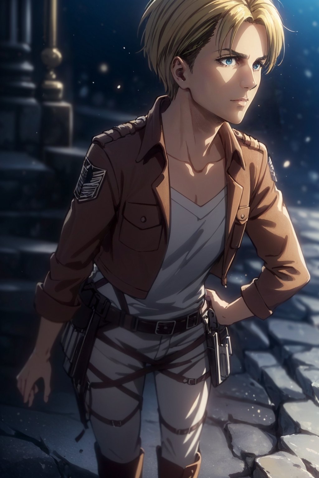 1girl, solo, Nanaba, Attack on Titan, blue eyes, wore standard Survey Corps uniform with a light-colored v-neck underneath, (blond hair, short hair), petite build, beautiful, handsome female, charming, alluring, gentle expression, soft expression, calm, smile (standing), (full body in frame), simple background, grey stone crenellation, dark blue sky, early mornig, daylight, dawn light, cinematic light, perfect anatomy, perfect proportions, 8k, HQ, HD, UHD, (best quality:1.5, hyperrealistic:1.5, photorealistic:1.4, madly detailed CG unity 8k wallpaper:1.5, masterpiece:1.3, madly detailed photo:1.2), (hyper-realistic lifelike texture:1.4, realistic eyes:1.2), picture-perfect face, perfect eye pupil, detailed eyes, dynamic, (dutch angle), (side view), AttackonTitan,perfecteyes, Nanaba,1 girl