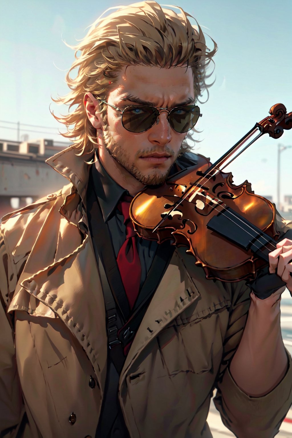 Kazuhira Miller, blue eyes, blond hair, stubble, (wore aviator sunglasses:1.1), white collared shirt, green suit with a red tie,  open khaki trench coat, fit body, handsome, charming, alluring, intense gaze, (playing_violin:1.2), violin,  (upper body in frame), perfect light, (Metal Gear Solid location), perfect anatomy, perfect proportions, perfect perspective, 8k, HQ, (best quality:1.2, hyperrealistic:1.2, photorealistic:1.2, madly detailed CG unity 8k wallpaper:1.2, masterpiece:1.2, madly detailed photo:1.2), (hyper-realistic lifelike texture:1.2, realistic eyes:1.2), picture-perfect face, perfect eye pupil, detailed eyes, realistic, HD, UHD,violin