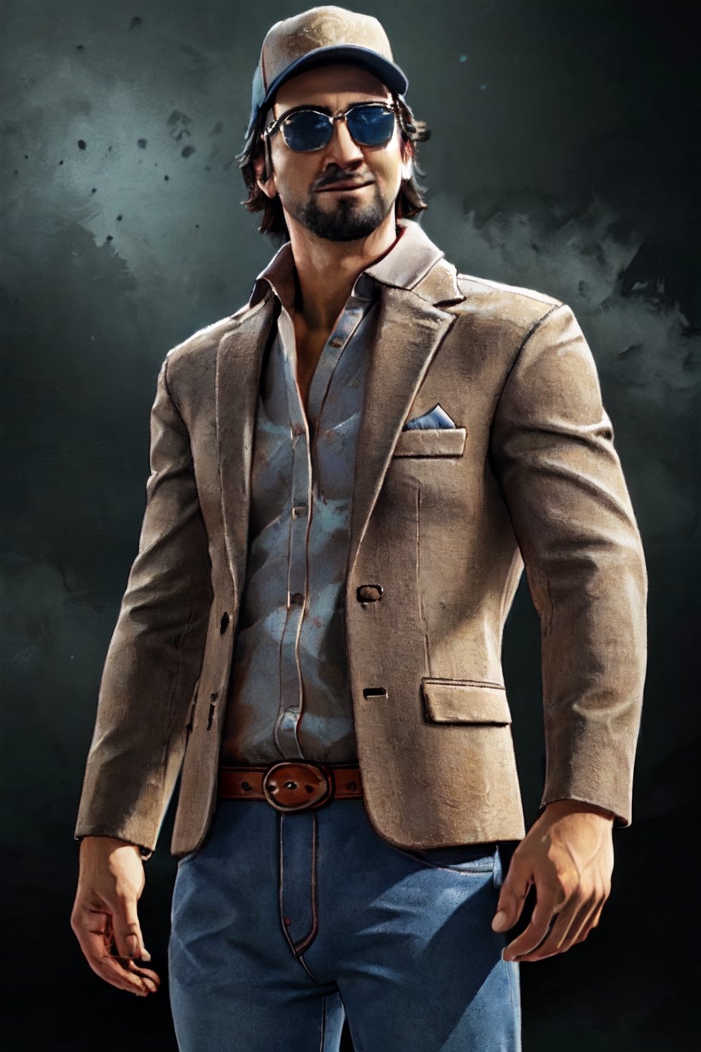 1boy, solo, Ace Visconti, Dead By Dayligh, Argentinian of Italian descent, gambler, grey-streaked hair, facial hair, sunglasses, (cap), damask print shirt, classic jacket, jeans, mature, manly, masculine, handsome, charming, alluring, dashing, smirk, (standing), (upper body in frame), dark background, fog, dark atmosphere, perfect light, perfect anatomy, perfect proportions, perfect perspective, 8k, HQ, (best quality:1.5, hyperrealistic:1.5, photorealistic:1.4, madly detailed CG unity 8k wallpaper:1.5, masterpiece:1.3, madly detailed photo:1.2), (hyper-realistic lifelike texture:1.4, realistic eyes:1.2), picture-perfect face, perfect eye pupil, detailed eyes, realistic, HD, UHD, portrait, looking outside frame,best quality