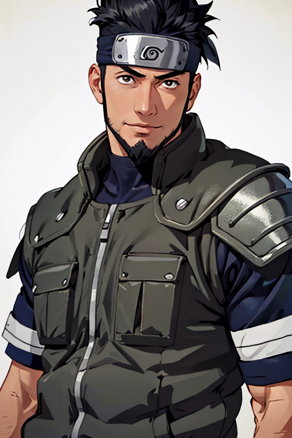 Asuma Sarutobi, Japanese, brown eyes, olive skin, short black spiky hair, beard on chin and cheekbone, (shaved philtrum, hairless philtrum:1.3), lsaid-back individual, dashing, smile, shinobi sandals, forehead protector, clothing, wore a white short-sleeved shirt with a blue and black collar over chain-mail armour, along with a simple white vest, a pair of black pants, simple background, fit body, handsome, charming, alluring, intense gaze, (standing), (upper body in frame), perfect light, only1 image, perfect anatomy, perfect proportions, perfect perspective, 8k, HQ, (best quality:1.2, hyperrealistic:1.2, photorealistic:1.2, madly detailed CG unity 8k wallpaper:1.2, masterpiece:1.2, madly detailed photo:1.2), (hyper-realistic lifelike texture:1.2, realistic eyes:1.2), picture-perfect face, perfect eye pupil, detailed eyes, realistic, HD, UHD, front view:, portrait