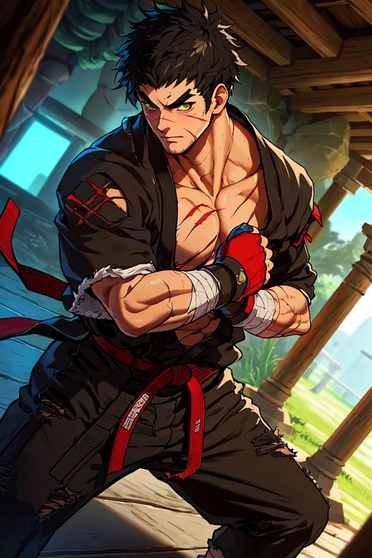 solo male, Grappler, Dungeon Fighter Online, black hair, short hair, brown eyes, thick eyebrows, forked eyebrows, stubble, green eyes, scars on face, scar on cheek, scar on chest, pectorals, pectoral cleavage, rn black dougi, black martial arts pants, red martial arts belt, yellow fingerless gloves, barefoot, bandaged hand, toned male, mature, handsome, charming, alluring, erotic, blush, shy, fighting stance
, upper body, perfect anatomy, perfect proportions, ((perfect eyes, perfect, perfect fingers)), best quality, masterpiece, high_resolution, dutch angle, photo background,1guy