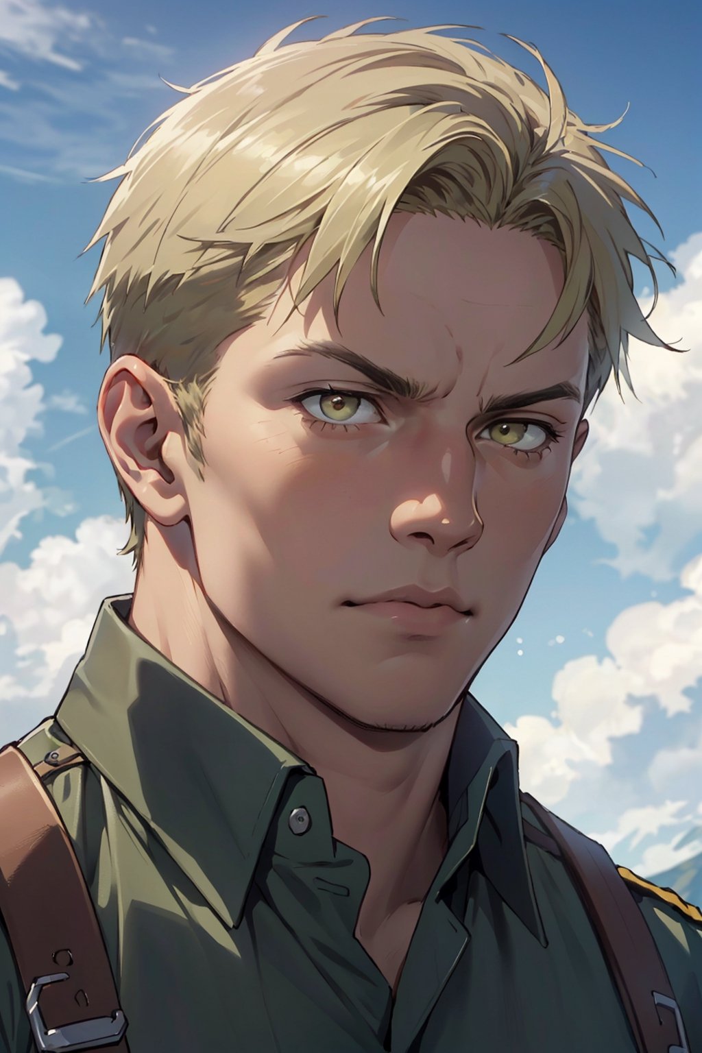 reiner_braun, (blond hair, short hair, bare forehead
), (hazel eyes:1.3), (aquiline nose:1.2), shaved face, fit body, (wearing pure military green collared shirt:1.2), handsome, manly, (rugged nose), virile, arrogant, charming, alluring, intense gaze, angled eyebrow, (standing), (upper body in frame), simple background, green plains, cloudy blue sky, perfect light, only1 image, perfect anatomy, perfect proportions, perfect perspective, 8k, HQ, (best quality:1.5, hyperrealistic:1.5, photorealistic:1.4, madly detailed CG unity 8k wallpaper:1.5, masterpiece:1.3, madly detailed photo:1.2), (hyper-realistic lifelike texture:1.4, realistic eyes:1.2), picture-perfect face, perfect eye pupil, detailed eyes, realistic, HD, UHD, (front view:1.2), portrait, looking outside frame,(MkmCut),reiner braun,perfecteyes,mature