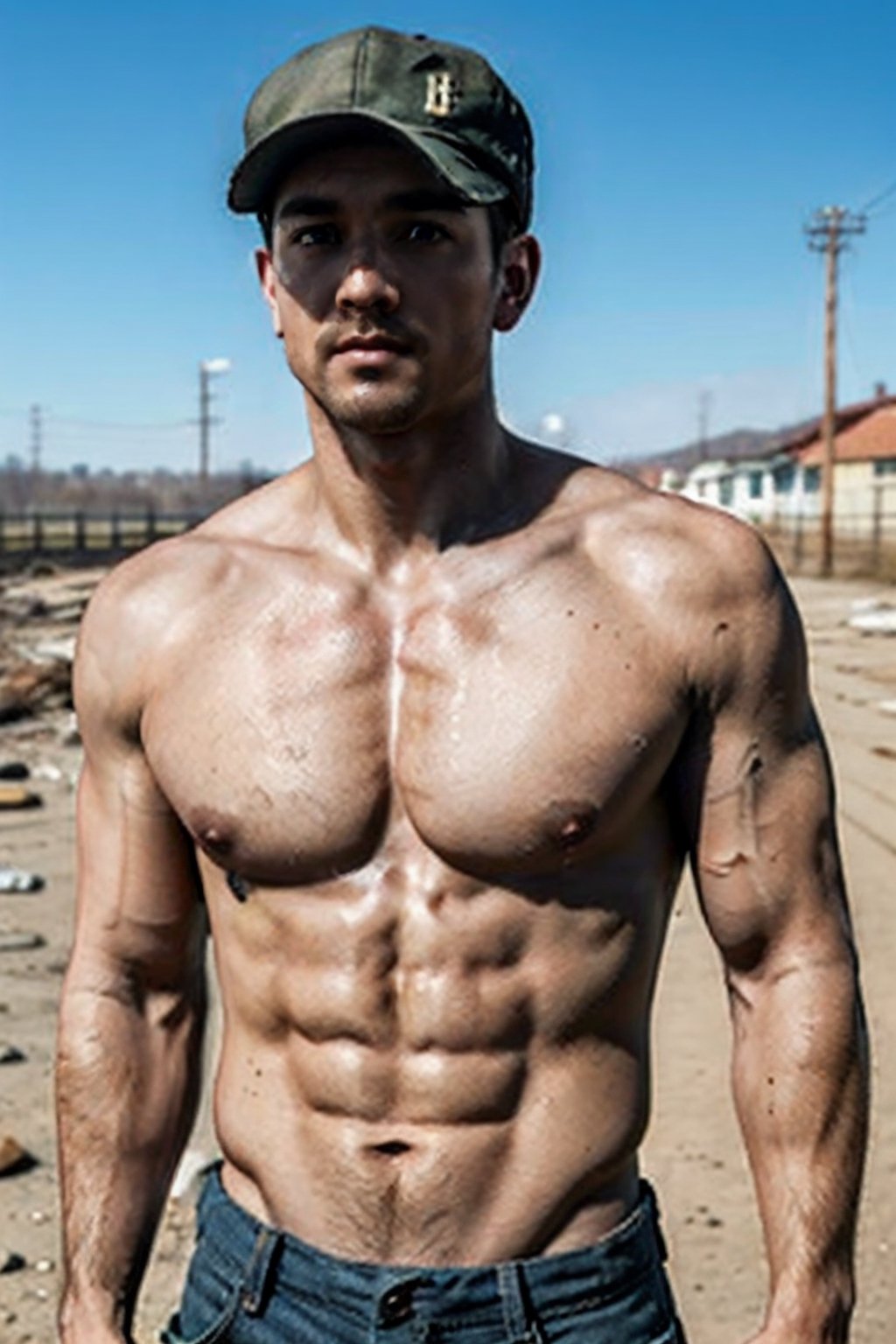 Robert MacCready, blue eyes, light brown hair, facial hair, (complete topless, shirtless:1.5), hat, pants, fit body, handsome, charming, alluring, shy, erotic, dashing, intense gaze, (standing), (upper body in frame), ruined overhead interstate, Fallout 4 location, post-apocalyptic ruins, desolated landscape, dark blue sky, polarising filter, perfect light, only1 image, perfect anatomy, perfect proportions, perfect perspective, 8k, HQ, (best quality:1.2, hyperrealistic:1.2, photorealistic:1.2, madly detailed CG unity 8k wallpaper:1.2, masterpiece:1.2, madly detailed photo:1.2), (hyper-realistic lifelike texture:1.2, realistic eyes:1.2), picture-perfect face, perfect eye pupil, detailed eyes, realistic, HD, UHD, s0ftabs, (bare arms, bare shoulders, bare chest, bare neck:1.5), dutch_angle, side_view 