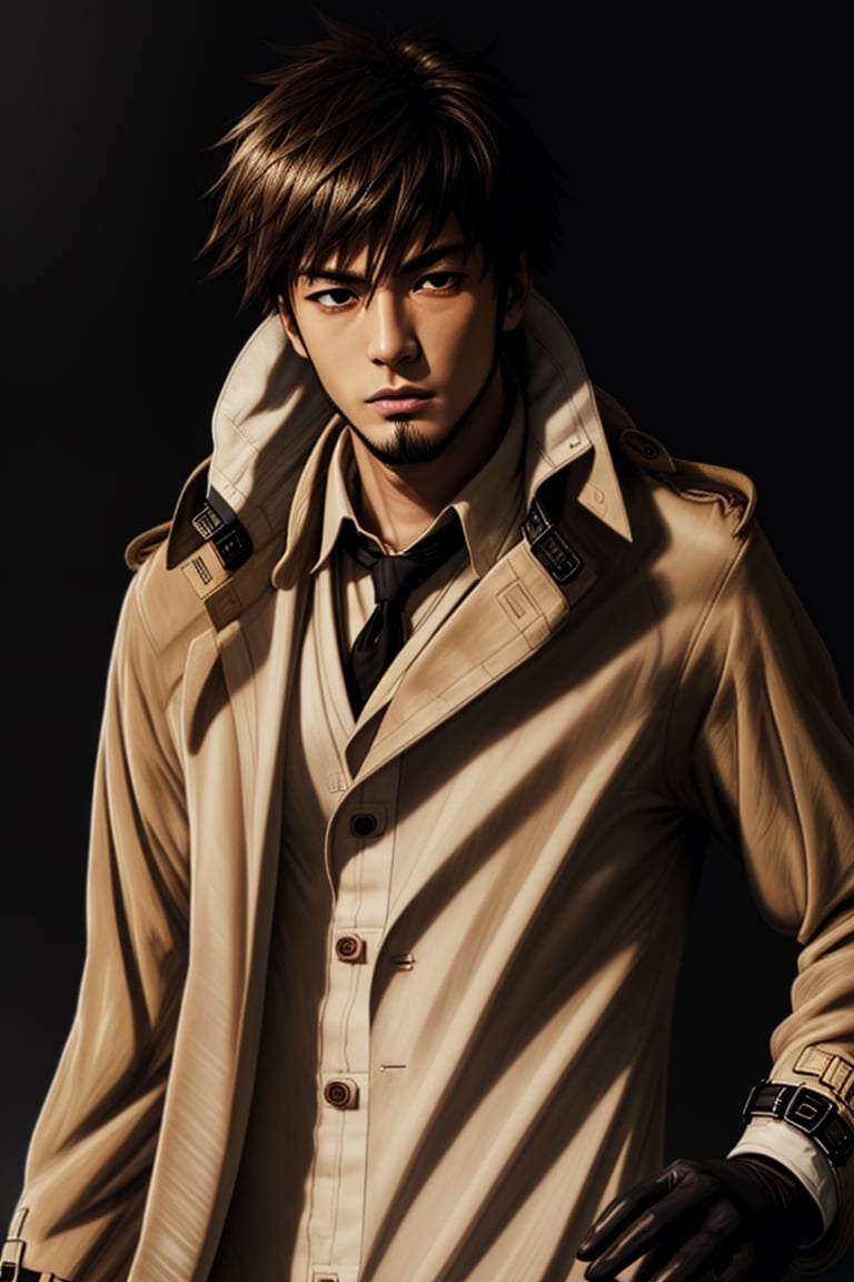 solo male, Genma Shizume, Asian, Japanese, black hair, chinstrap beard, sideburns, black eyes, calm eyes, slitty eyes, intense gaze, (dress in layers), white collared shirt, black necktie, (black suit jacket:1.4), (light brown trench coat, open trench coat:1.4), black pants, black gloves, mature, masculine, handsome, charming, allurin, grin, smile, upper body, perfect anatomy, perfect proportions, (best quality, masterpiece, high_resolution:1.3), (perfect eyes, perfecteyes:1.3)