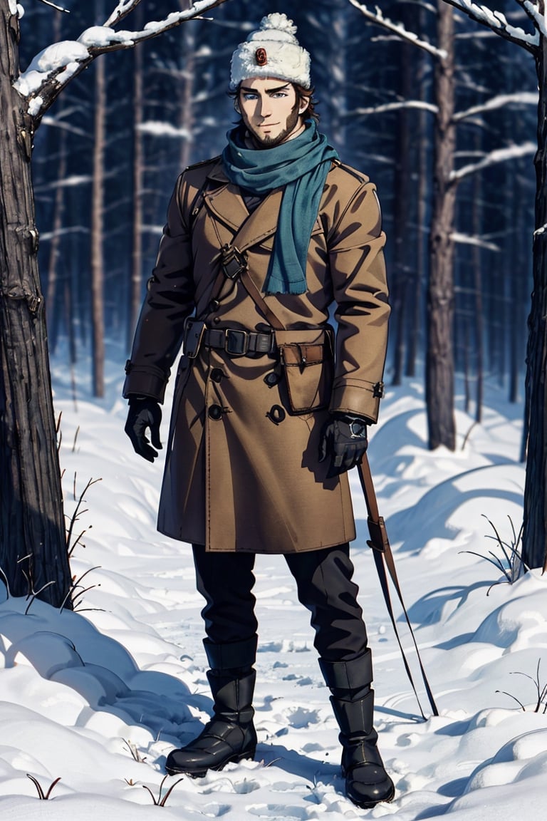 (human), (1 image only), solo male, Vasily Pavlichenko, Golden Kamuy, Russian, sniper, brown hair, blue eyes, sharp eyes, defined eyelashes, furrowed brow, grin, wavy medium-length hair, bold sideburns, short and neat Shenandoah beard, lightly-colored coat, dark gloves, scarf, pants, boots, crossbody bag, handsome, charming, alluring, perfect anatomy, perfect proportions, 2d, anime, (best quality, masterpiece), (perfect eyes, perfect eye pupil), high_resolution, dutch angle, snowy forest, better_hands, tall wool cap, papakha, ushanka, dynamic,action
