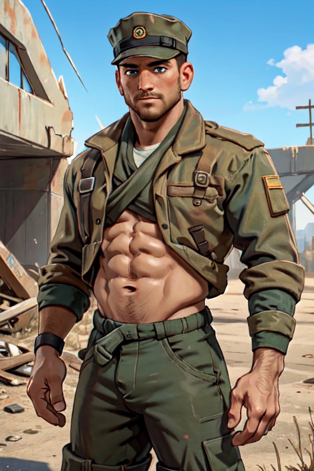 Robert MacCready, blue eyes, light brown hair, facial hair, ttopless, shirtless, hat, military green pants, fit body, handsome, charming, alluring, dashing, intense gaze, (standing), (upper body in frame), ruined overhead interstate, Fallout 4 location, post-apocalyptic ruins, desolated landscape, dark blue sky, polarising filter, perfect light, only1 image, perfect anatomy, perfect proportions, perfect perspective, 8k, HQ, (best quality:1.2, hyperrealistic:1.2, photorealistic:1.2, madly detailed CG unity 8k wallpaper:1.2, masterpiece:1.2, madly detailed photo:1.2), (hyper-realistic lifelike texture:1.2, realistic eyes:1.2), picture-perfect face, perfect eye pupil, detailed eyes, realistic, HD, UHD, (front view:1.2), portrait, looking outside frame,(1man)