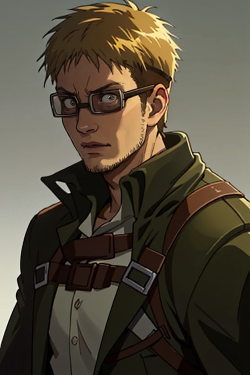 Abel, Attack on Titan, Shingeki no Kyojin, Scout Regiment, uniform of the Scout Regiment, green cloak, goggles, thick-rimmed glasses with bands around head, 1boy, solo, male, man, mature, handsome, manly, blond_hair, short hair, light stubble on chin and cheekbones, intense gaze, gentle expression, soft expression, masculine, handsome, charming, alluring, rugged, black trench coat, black pants, grey vest, dark red cravat, (standing), (upper body in frame), simple background, dark atmosphere, perfect light, perfect anatomy, perfect proportions, perfect perspective, 8k, HQ, (best quality:1.5, hyperrealistic:1.5, photorealistic:1.4, madly detailed CG unity 8k wallpaper:1.5, masterpiece:1.3, madly detailed photo:1.2), (hyper-realistic lifelike texture:1.4, realistic eyes:1.2), picture-perfect face, perfect eye pupil, detailed eyes, realistic, HD, UHD, (front view:1.2), portrait, looking outside frame,perfecteyes,(MkmCut),goggles,mature